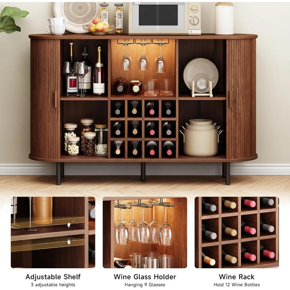 Modern 55 Inch Wine Bar Cabinet with LED Lighting and Wine Rack