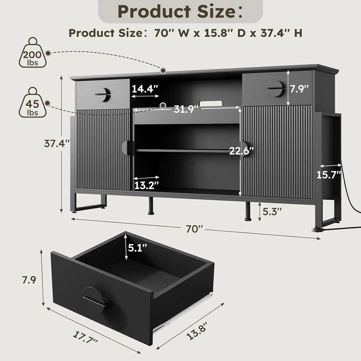 Fluted TV Stand 70 Inch for Living Room with Charging Outlets for TVs Up to 80 Inch