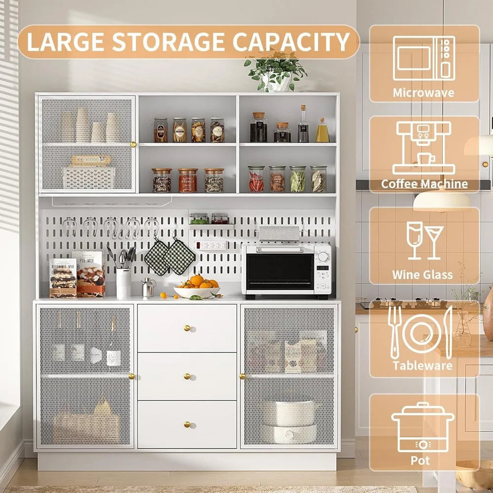 Large Kitchen Hutch Cabinet Pantry Storage with Metal Doors & Pegboard