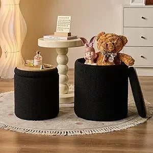 Round Set of 2 Ottoman Storage Multifunctional Chair for Living Room Bedroom