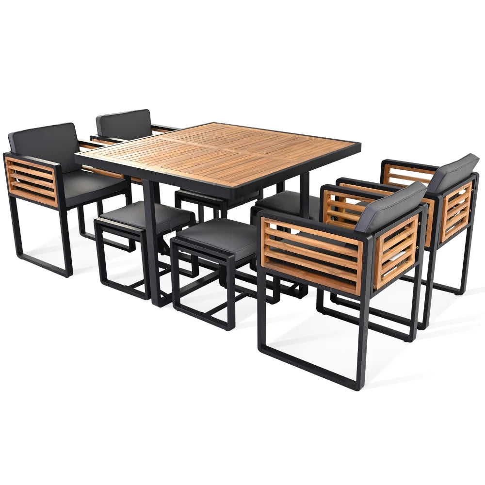 9-Piece Acacia Wood Patio Dining Set with Cushioned Chairs and Ottomans