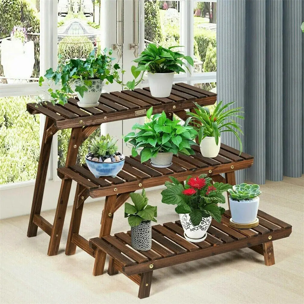 3 Tier Freestanding Ladder Shelf Wood Plant Stand Indoor Outdoor Rack