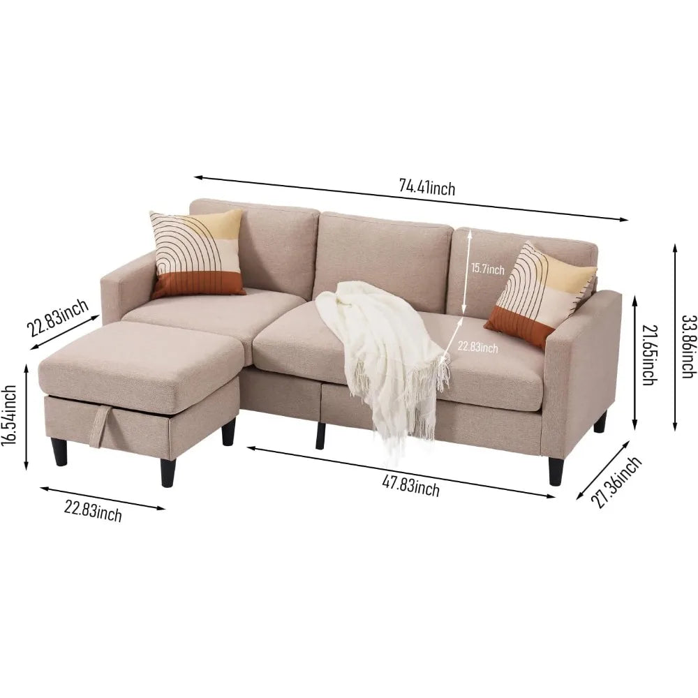 3-Seater L-Shaped Sectional Sofa w/ Storage Ottoman – Beige Linen Couch for Small Spaces