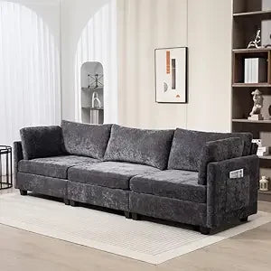 Modern 3-Seater Chenille Sofa Beige Deep Seat Couch with Cushions & Side Pocket