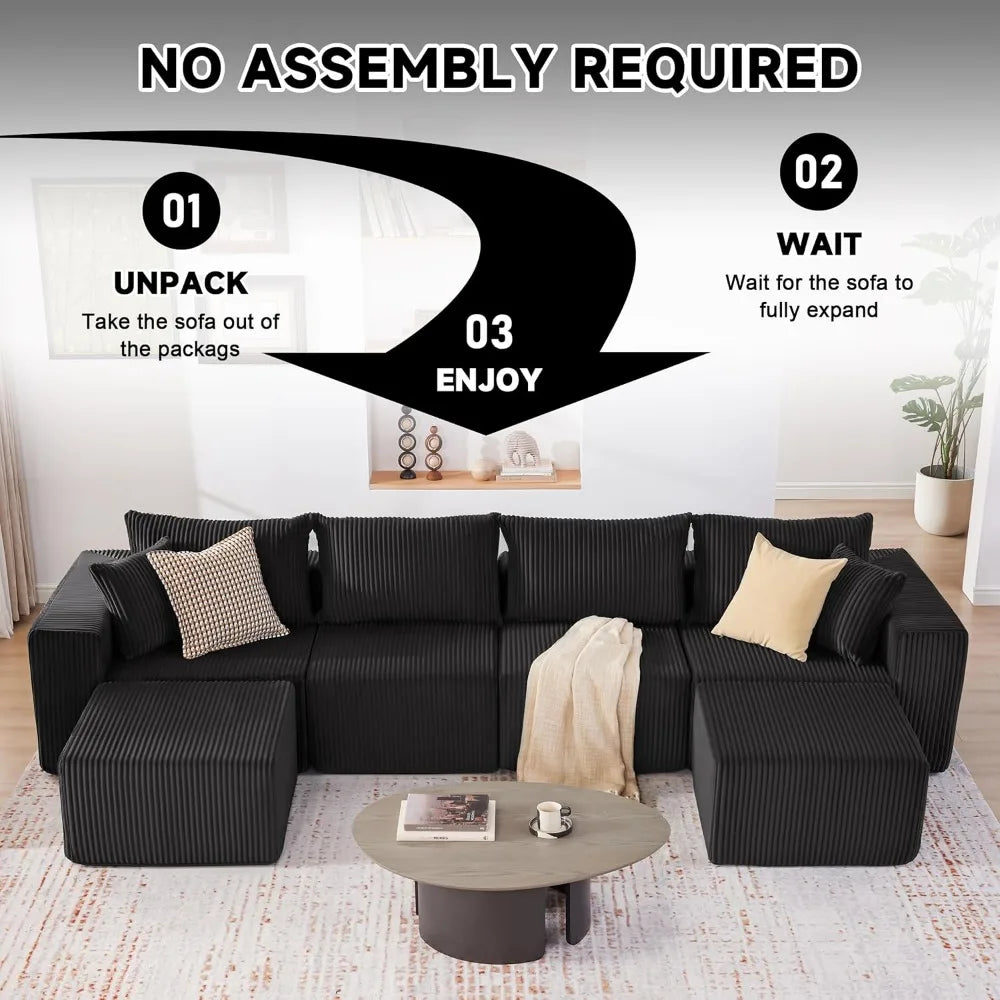 135.4" Modular U-Shaped Sofa Cloud Couch Deep Seat Corduroy Sectional