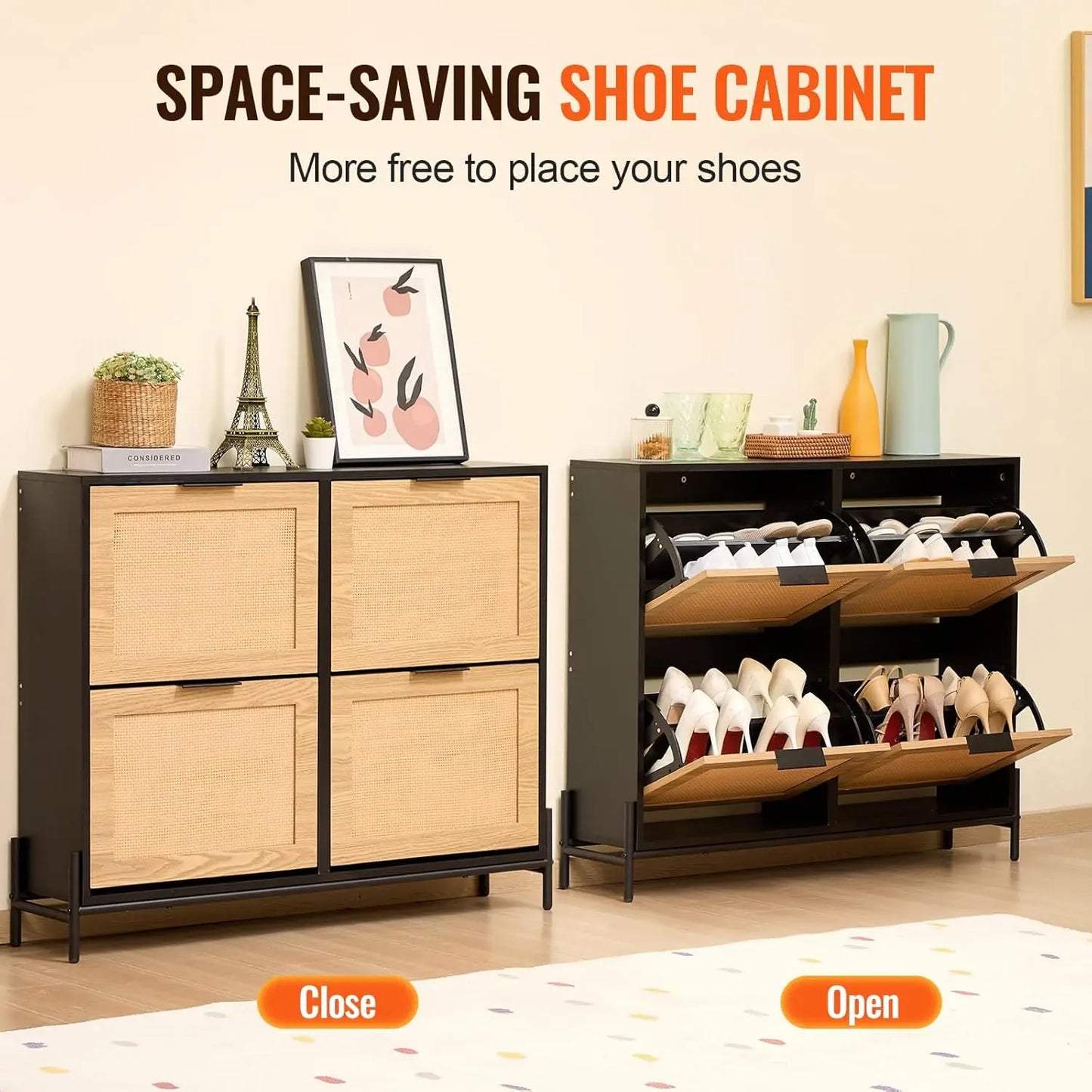 Rattan Shoe Cabinet Narrow Shoe Storage Organizer with 4 Flip Drawers Slim