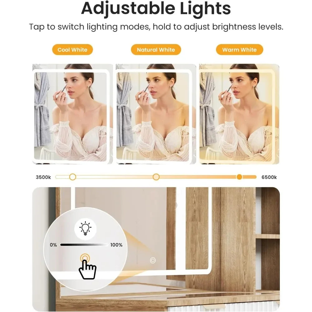 Makeup Vanity Desk with Mirror LED Lights Charging Storage Glass Top