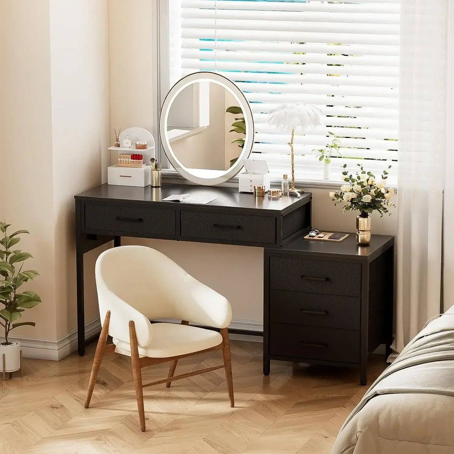 Reversible Computer Desk with 5 Drawers USB Ports Power Outlets