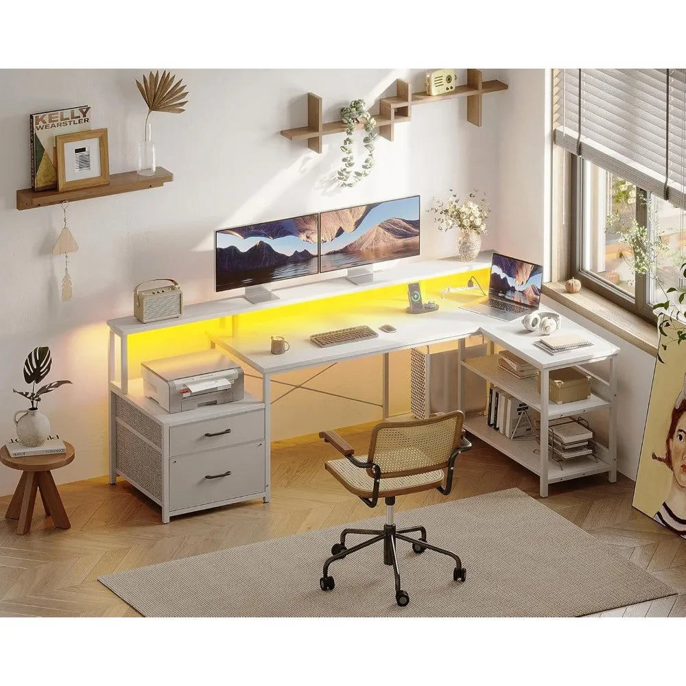L Shaped Desk with File Drawer Power Outlet LED Lighting Home Office