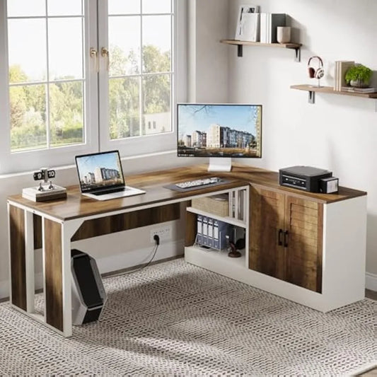 L-Shaped Executive Desk Office Workstation with Cabinet Storage