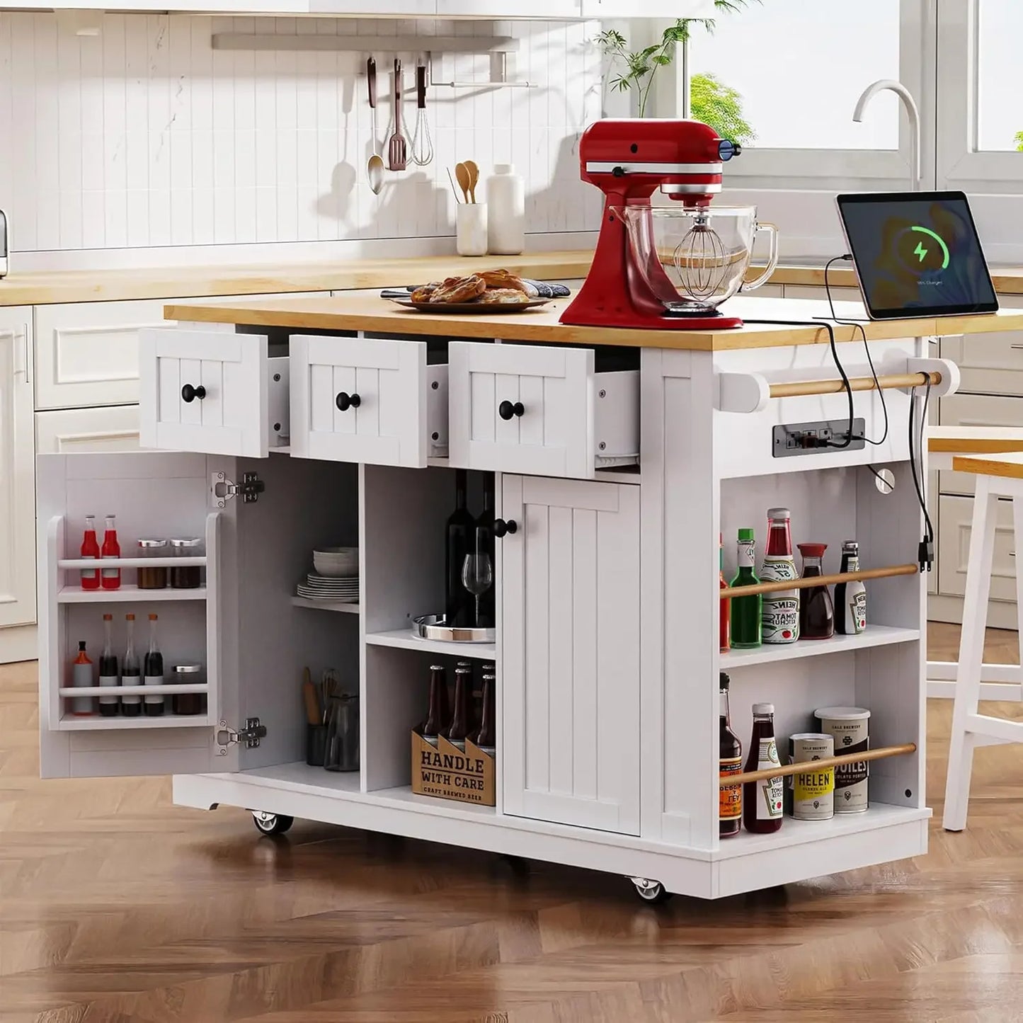 Kitchen Storage Island on Wheels with Drop Leaf Power Outlet Rolling Cart