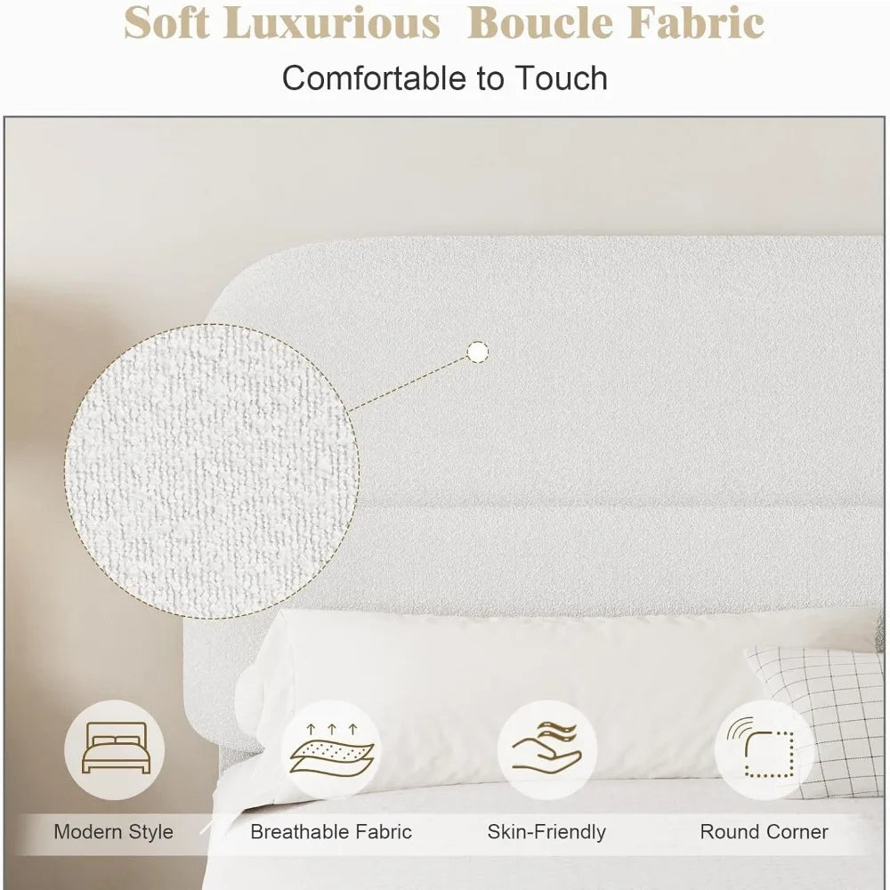 Boucle Upholstered Bed Frame Modern Soft Cloud Bed Frame with Headboard