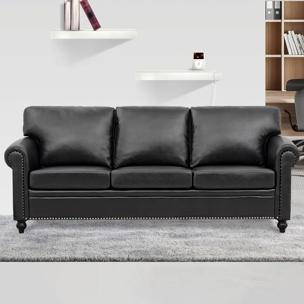 Ljustra Black Faux Leather 3-Seater Office Couch Modern Sofa