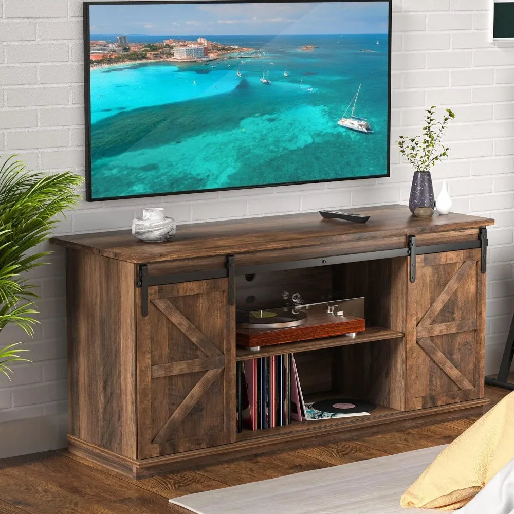 TV Stand for 65 Inch TVs with Sliding Barn Doors and Storage Cabinets