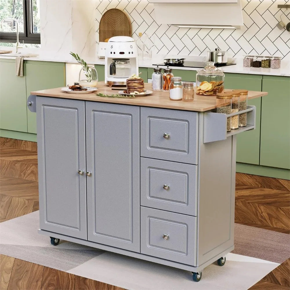 Rolling Kitchen Island on Wheels with Drop Leaf and Storage Drawers