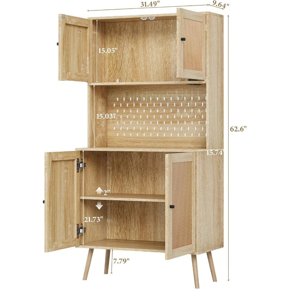 Rattan Kitchen Pantry Storage Cabinet with LED Lights and Power Outlets