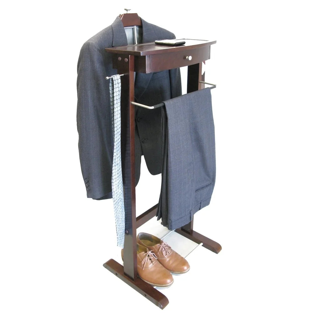 Elegant Dark Walnut Dresser Valet Stand with Drawer Satin Nickel Hardware