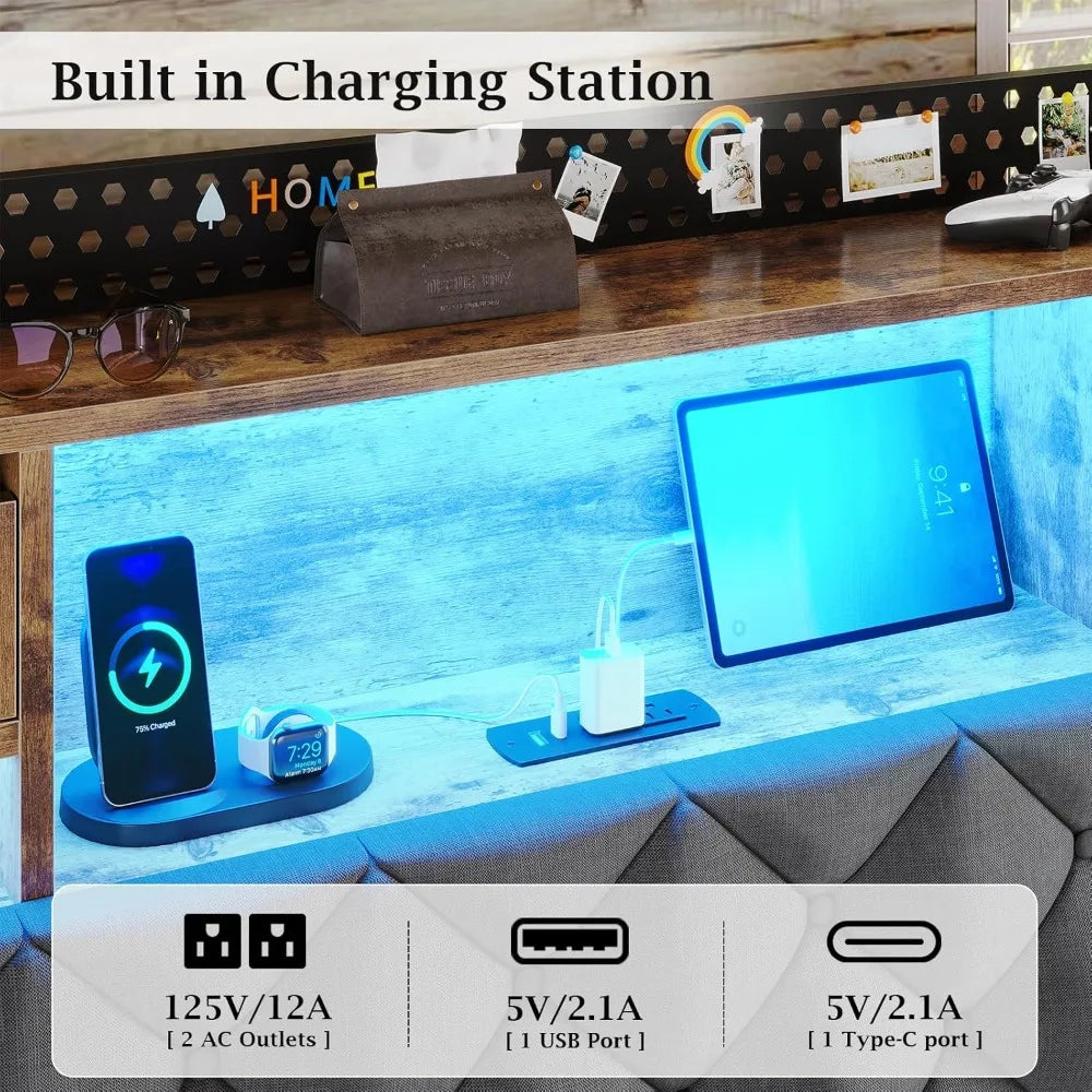 King Size Bed Frame with Storage Headboard LED Lighting Charging Station