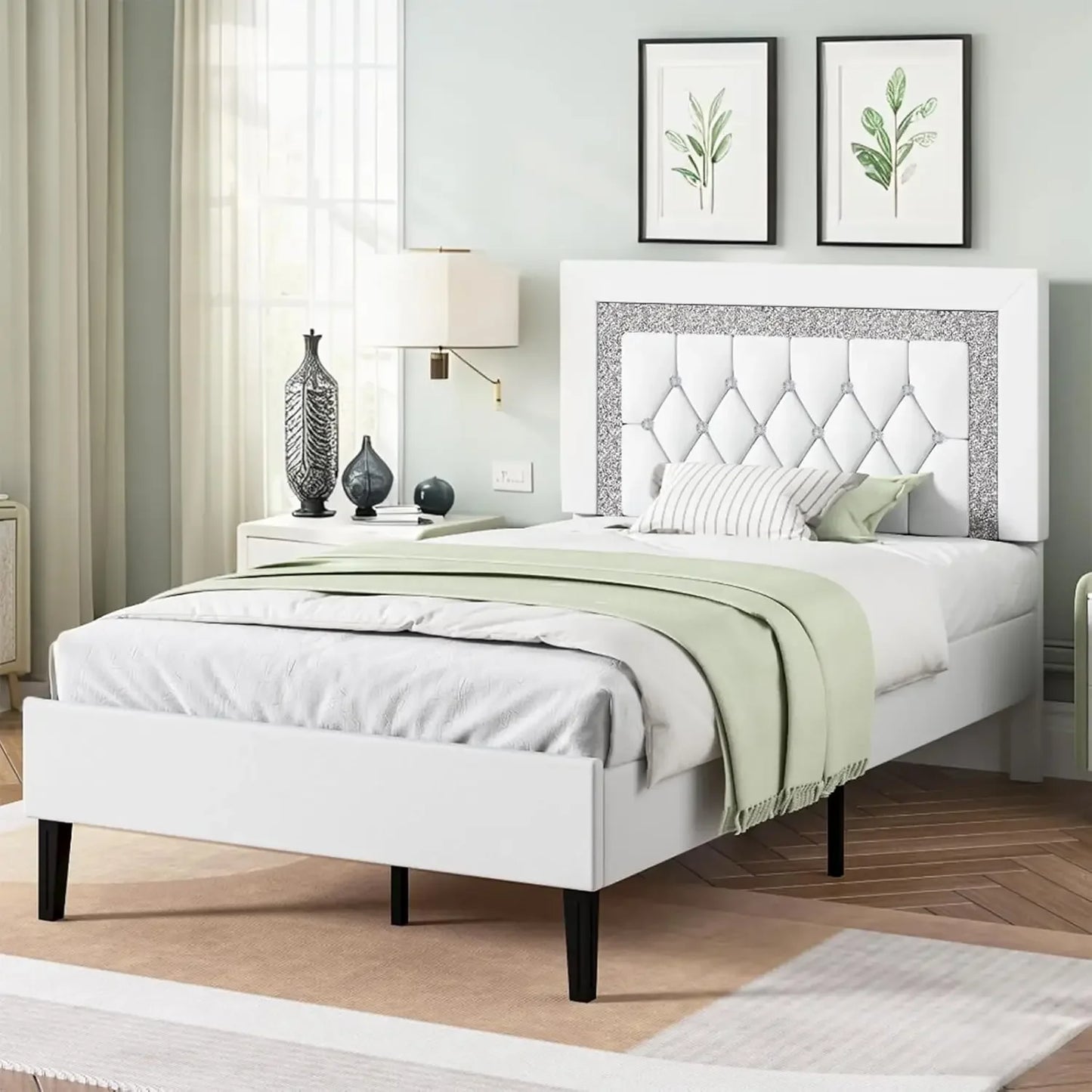 Upholstered Platform Bed Frame with Tufted Headboard and Storage