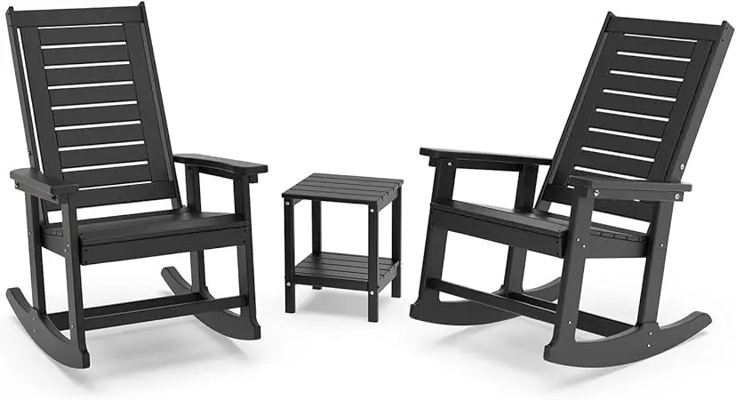 Outdoor Rocking Chair Set 3-Piece with 2 Chairs and Side Table Black