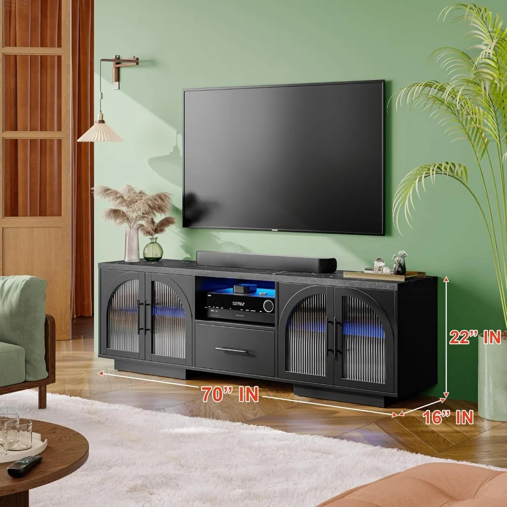 70 Inch TV Stand Entertainment Center with LED Lights and Glass Doors