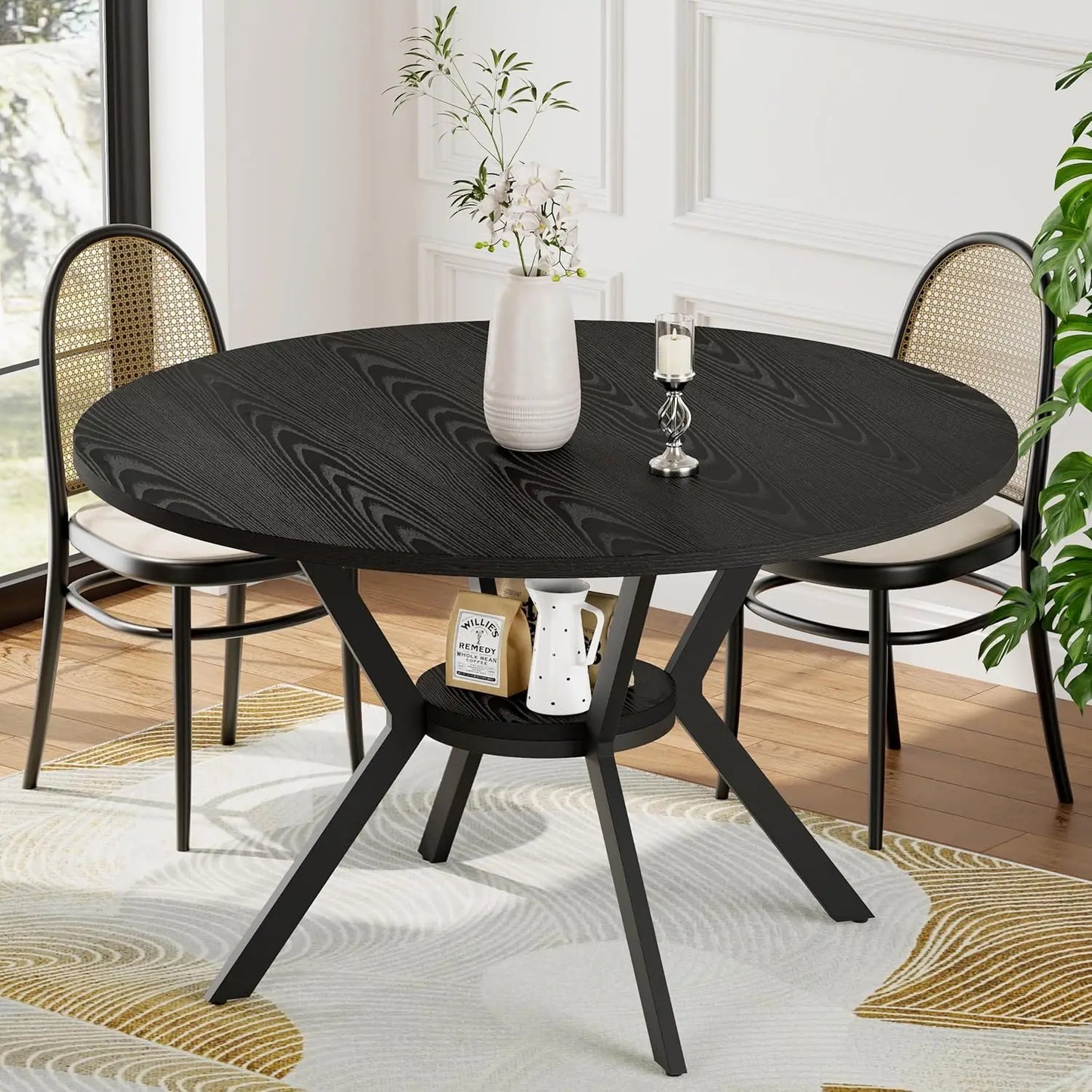 Round Kitchen Dining Table for 4 with Storage Rustic Mid Century Modern