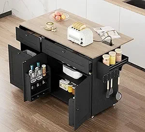 Kitchen Island with Storage Rolling Cart Drop Leaf Power Outlet