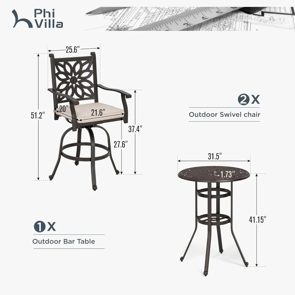 Patio Furniture Set 3 Pieces Cast Aluminum High Top Table Swivel Stools