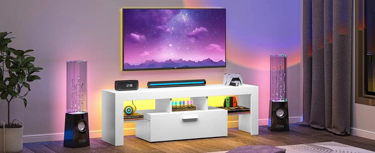 Modern White LED TV Stand with Large Storage Drawer for Living Room