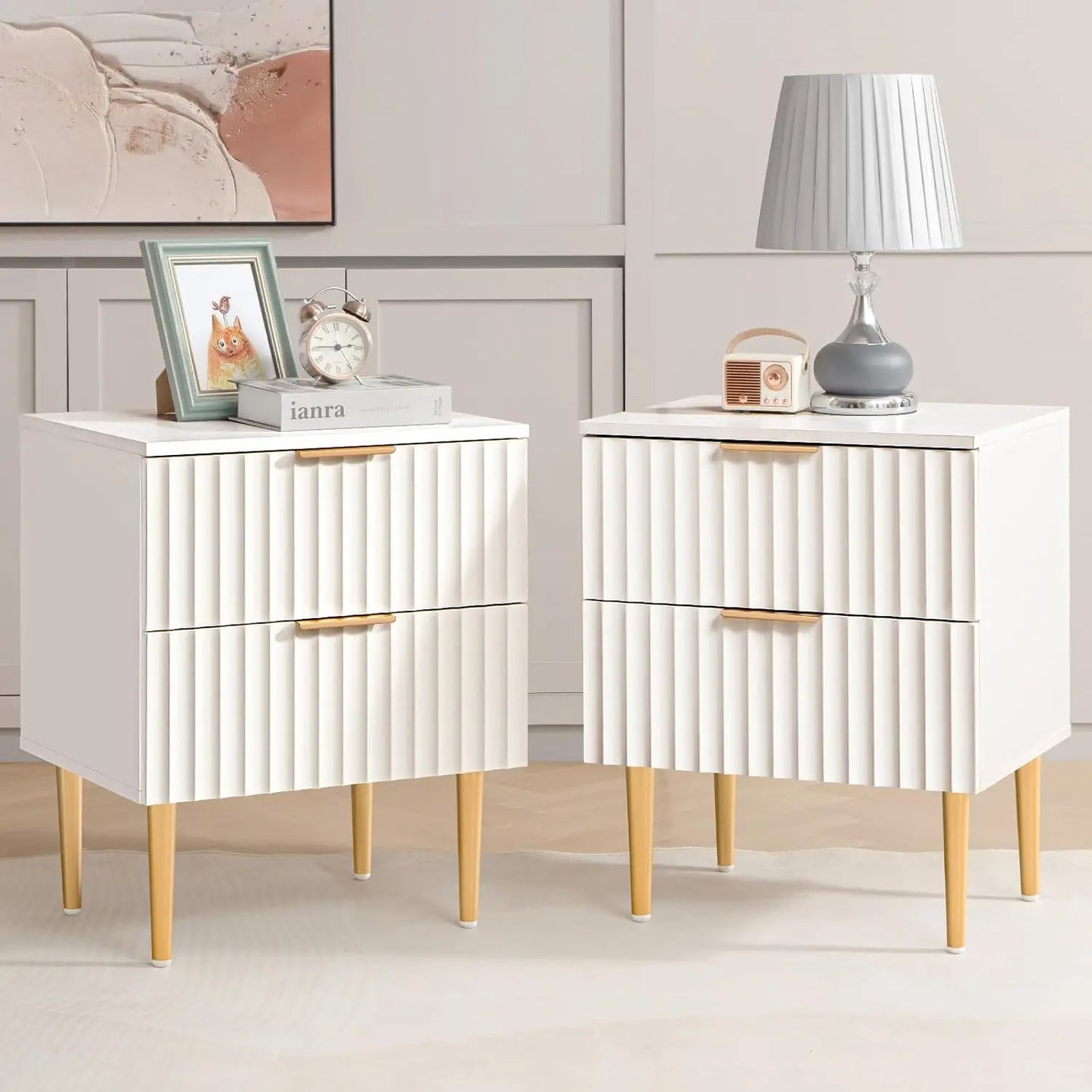 Modern Fluted Night Stand Set 2 Storage Bedside Table with Drawers