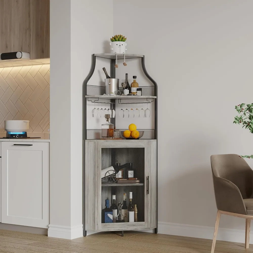5-Tier Corner Liquor Cabinet LED Wine Bar with Removable Rack Glass Holder