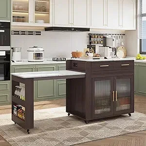 Kitchen Island with Extendable Table Power Outlets Rolling Cart