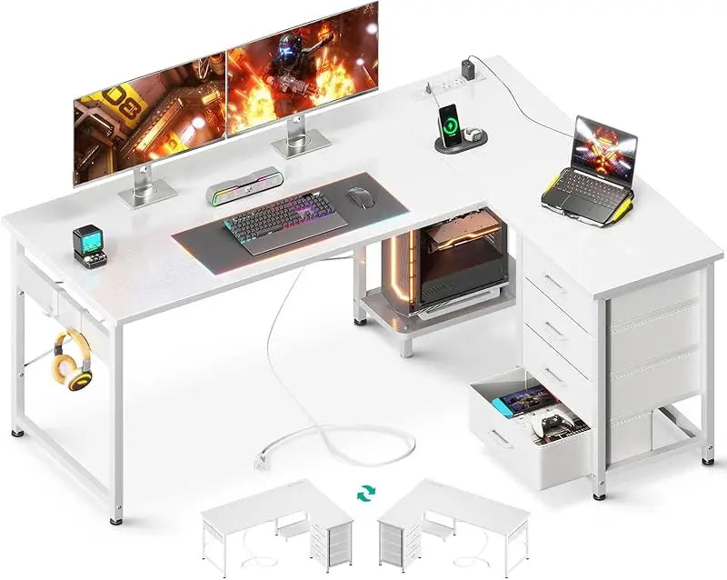 L Shaped Gaming Desk with Power Outlets and 4 Drawers for Home Office