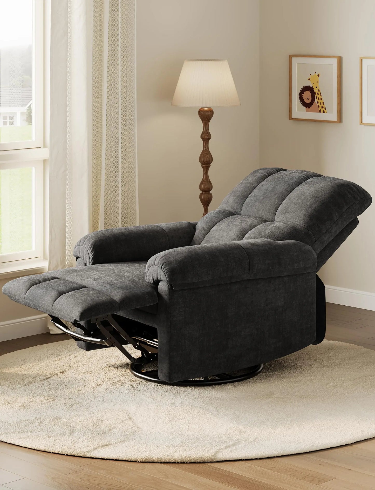 Oversized Recliner Chair Soft Chenille Swivel Rocker for Nursery Living Room