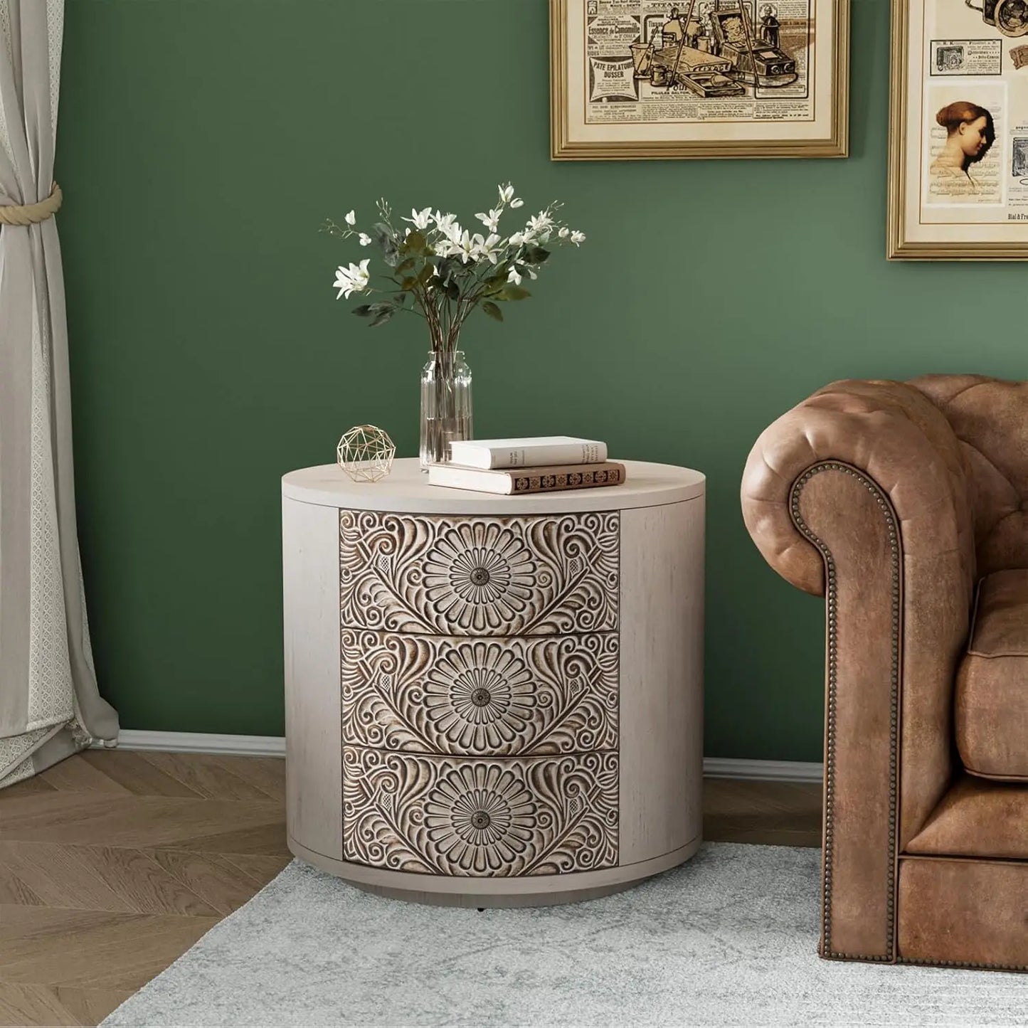 3 Drawer Chest of Drawers Round Storage Cabinet Nightstand Wood Bedside Table