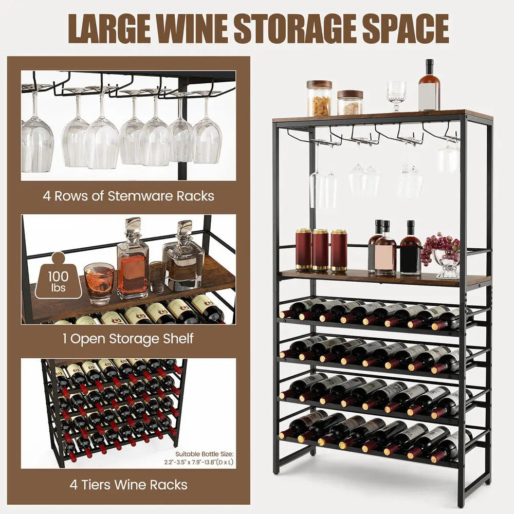 32 Bottle Wine Rack Rustic Freestanding Storage Holder with Glass Holder