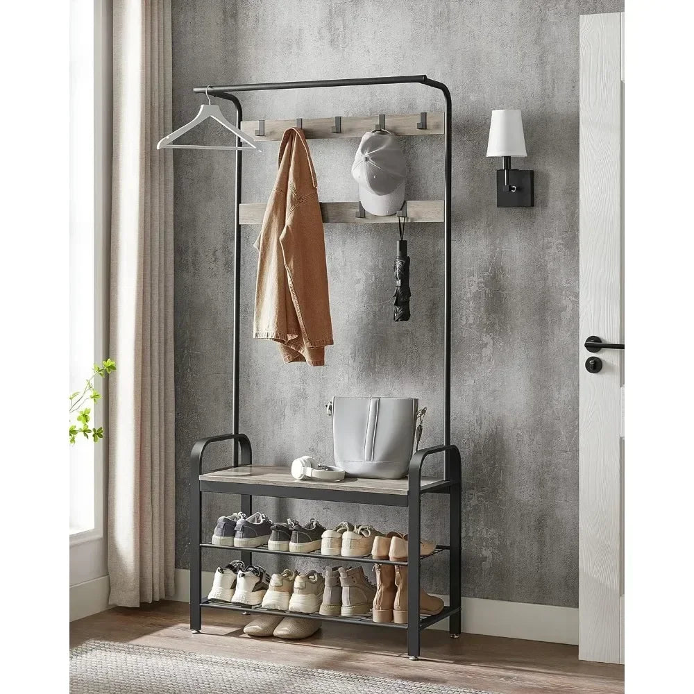 4-in-1 Coat Hanger Entryway Bench with Hooks and Storage Organizer