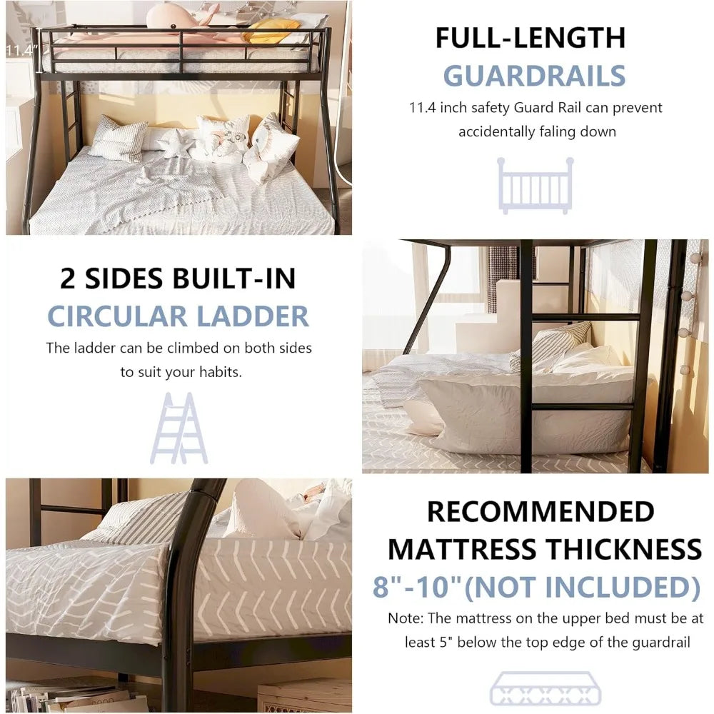 Space Saving Twin Over Full Bunk Bed with Ladders Trundle Guardrails