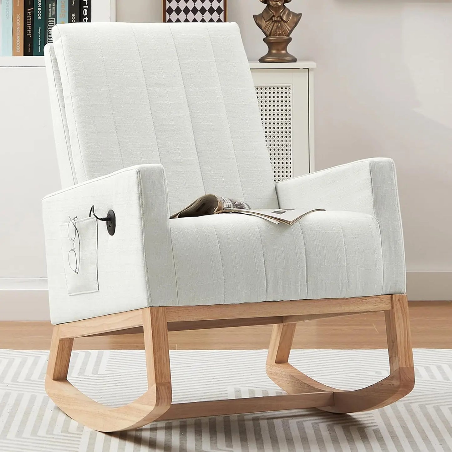Rocking Chair Nursery Leather Upholstered Glider Modern Armchair USB Port