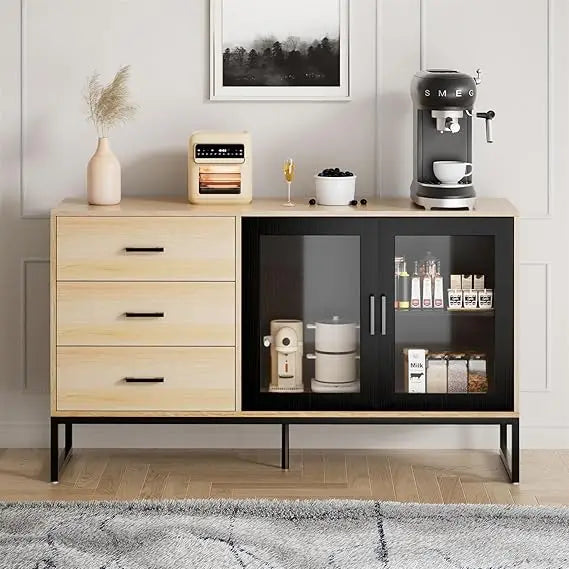 Buffet Cabinet Storage Modern Sideboard Coffee Bar Solid Wood Glass Doors