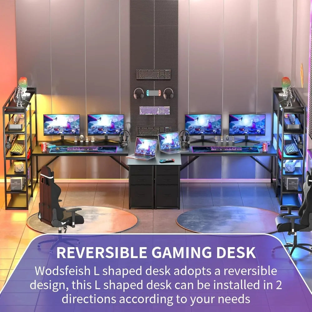 L Shaped Corner Desk with Drawers LED Lights Gaming Office Storage