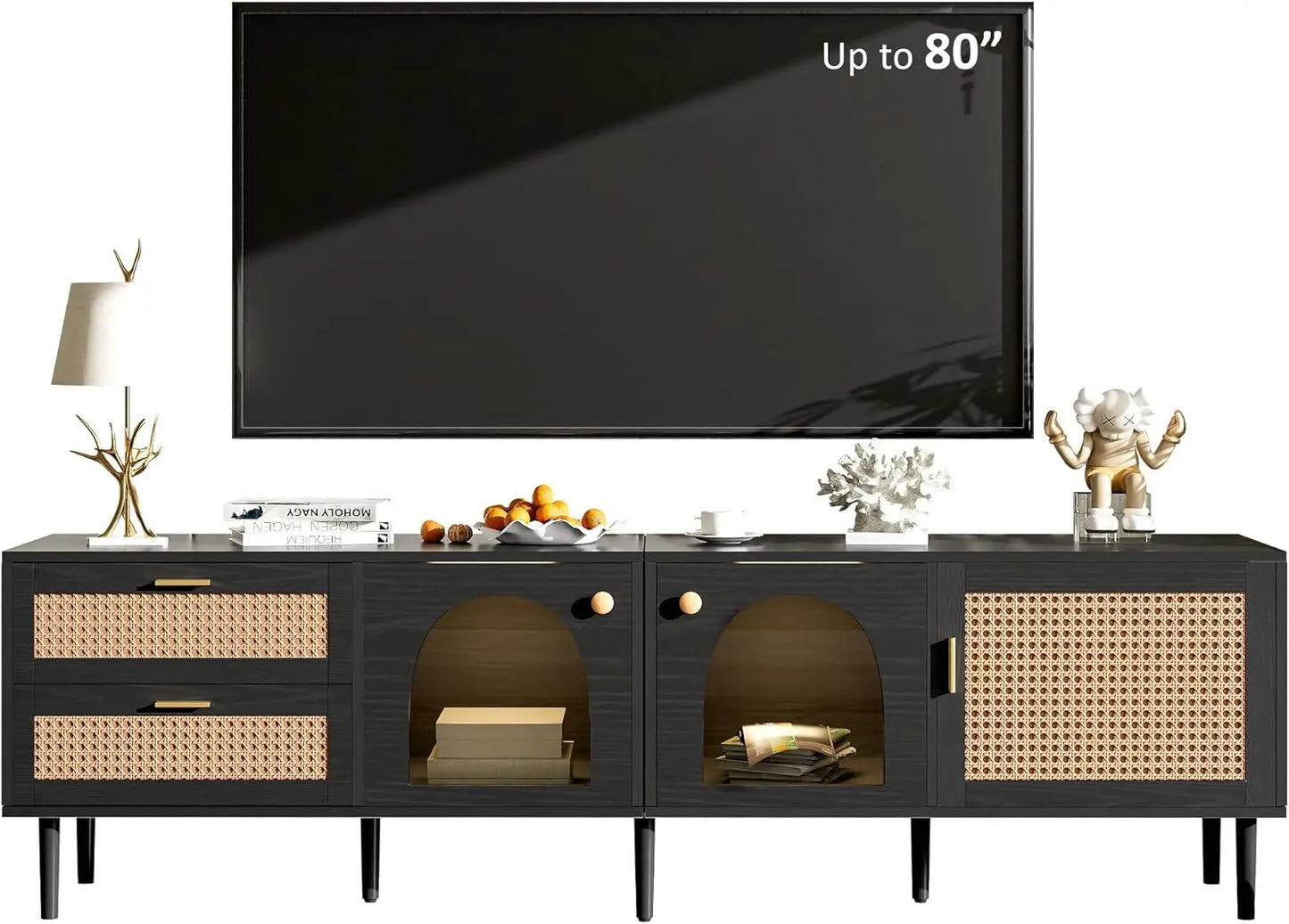 Rattan TV Stand LED Lights 70" Entertainment Center 3 Cabinets 2 Drawers