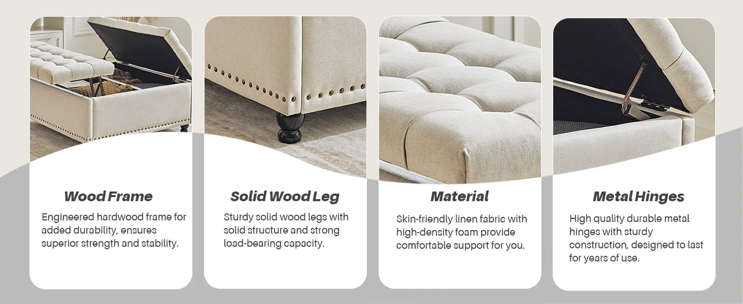 Ljustra Large Square Storage Ottoman Bench Lift Top Tufted Fabric Living Room