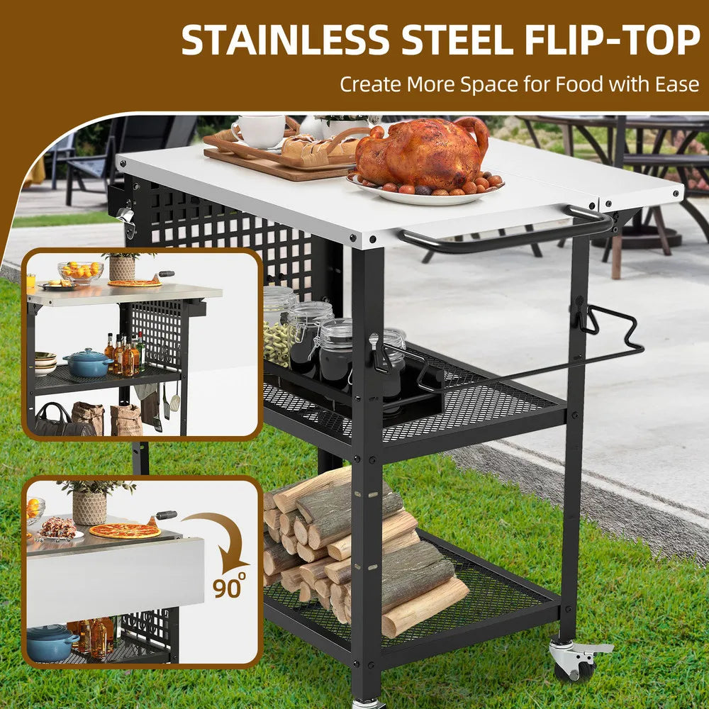 Outdoor Grill Cart Pizza Oven Table with Adjustable Shelf and Wheels