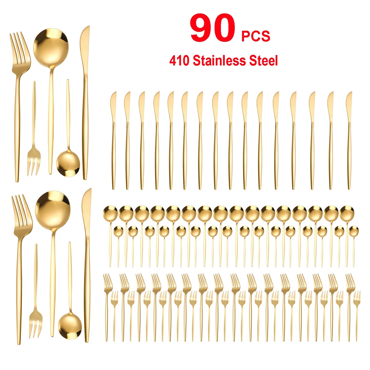 90Pcs Gold Stainless Steel Cutlery Set Heavy Duty Tableware Wedding Restaurant