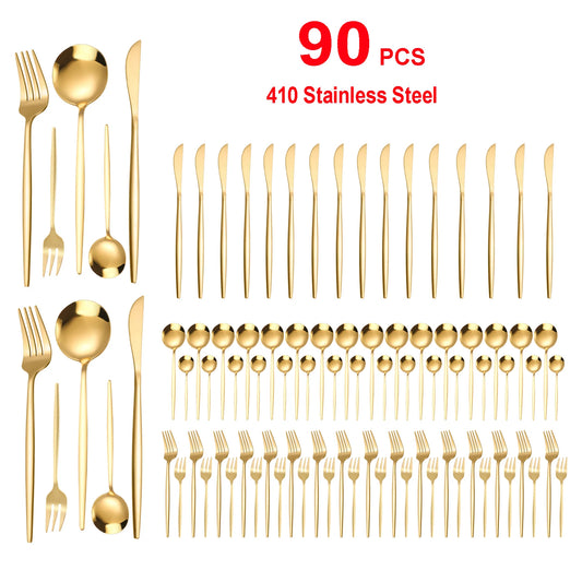 90Pcs Gold Stainless Steel Cutlery Set Heavy Duty Tableware Wedding Restaurant