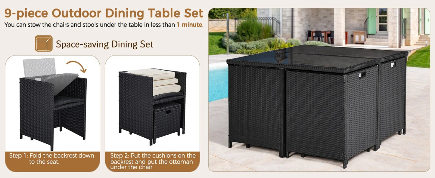 9-Piece Outdoor Rattan Dining Set Space Saving Wicker Furniture