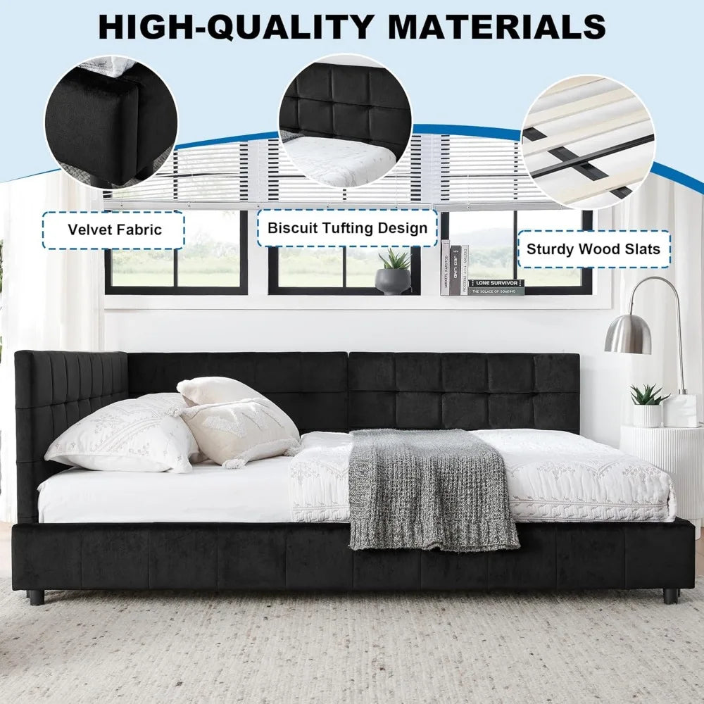 Full Size Corner Bed Frame Velvet Tufted L Shaped Daybed Modern Sofa
