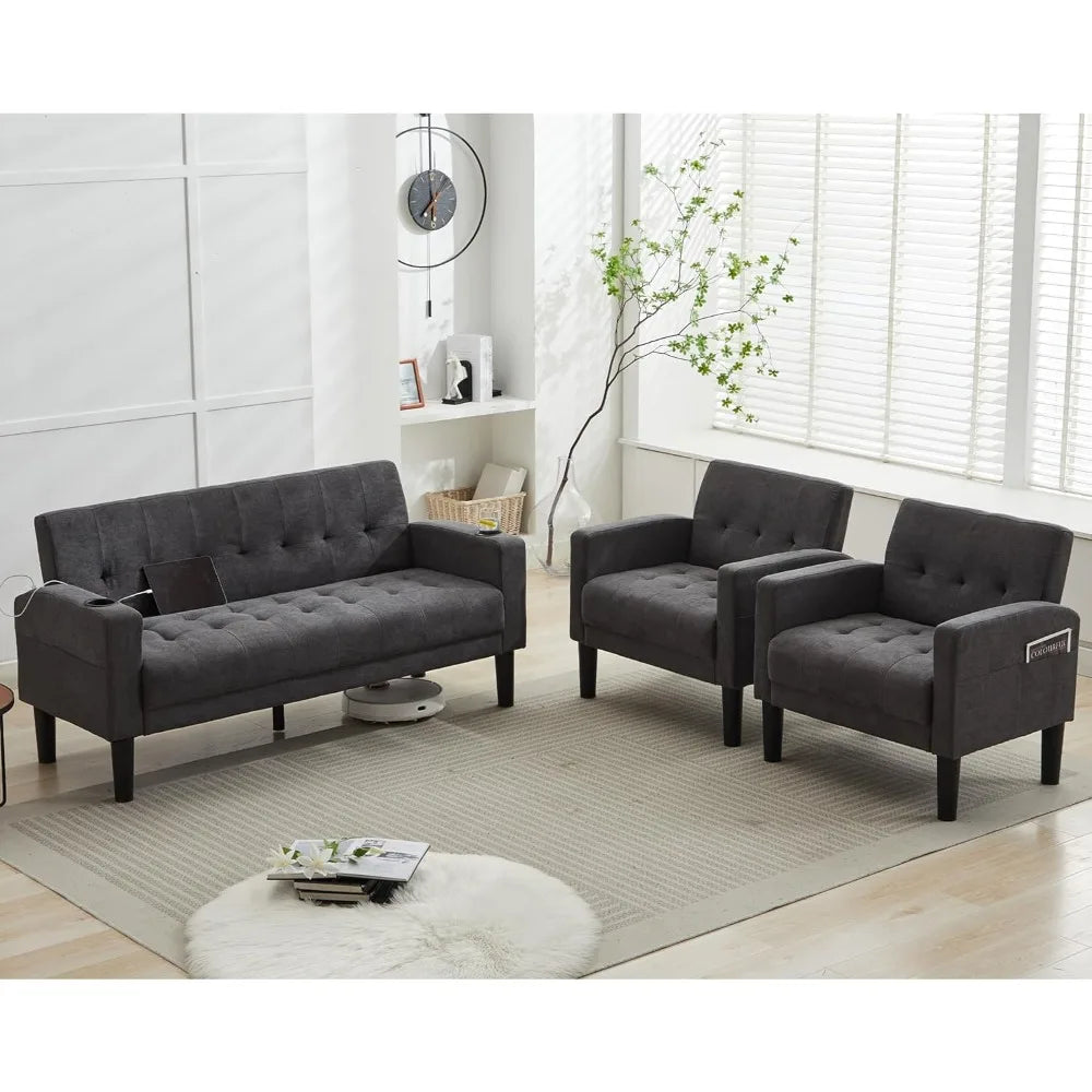 Ljustra Mid-Century Sectional Sofa Set 3 Pieces Loveseat with USB
