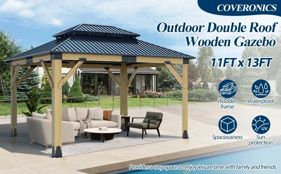 Heavy Duty Hardtop Gazebo 11FTx13FT Outdoor Cedar Wooden Gazebo